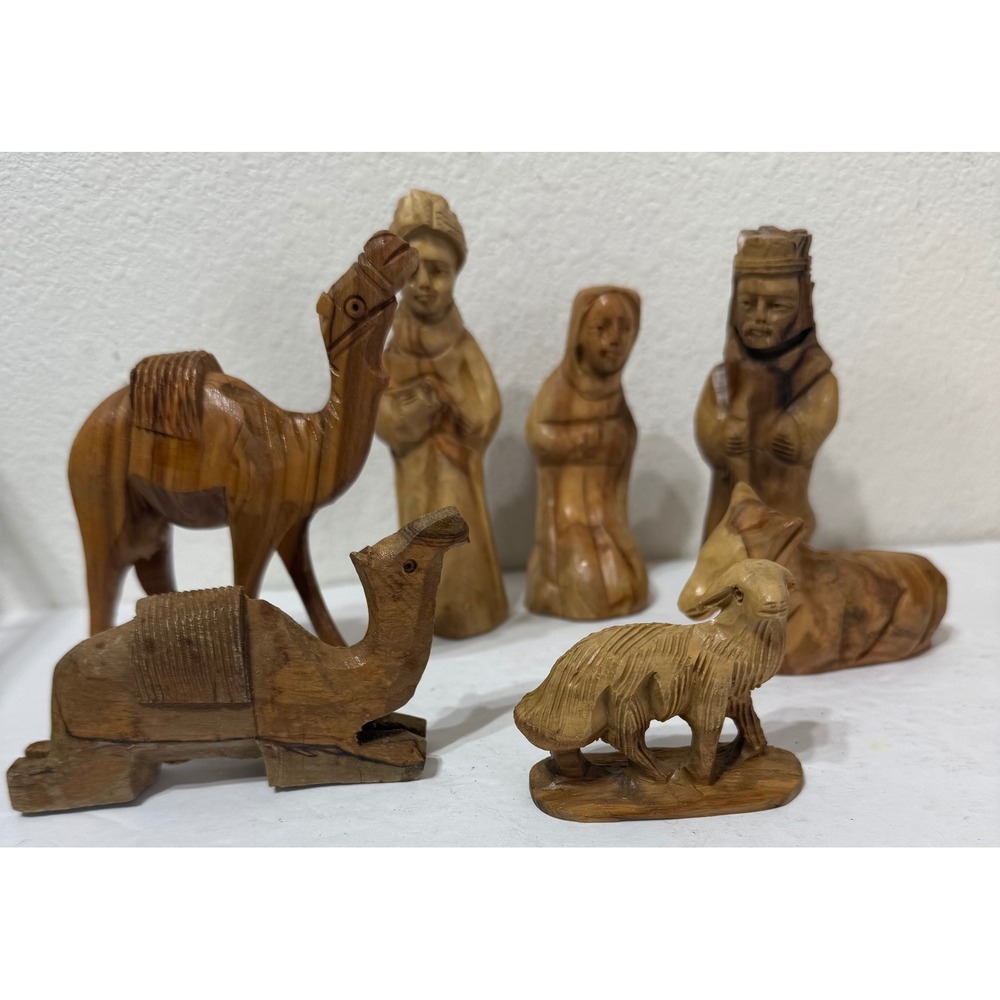 7 Piece Hand Carved Wood Nativity Set Rustic Christmas Figures Camels Sheep